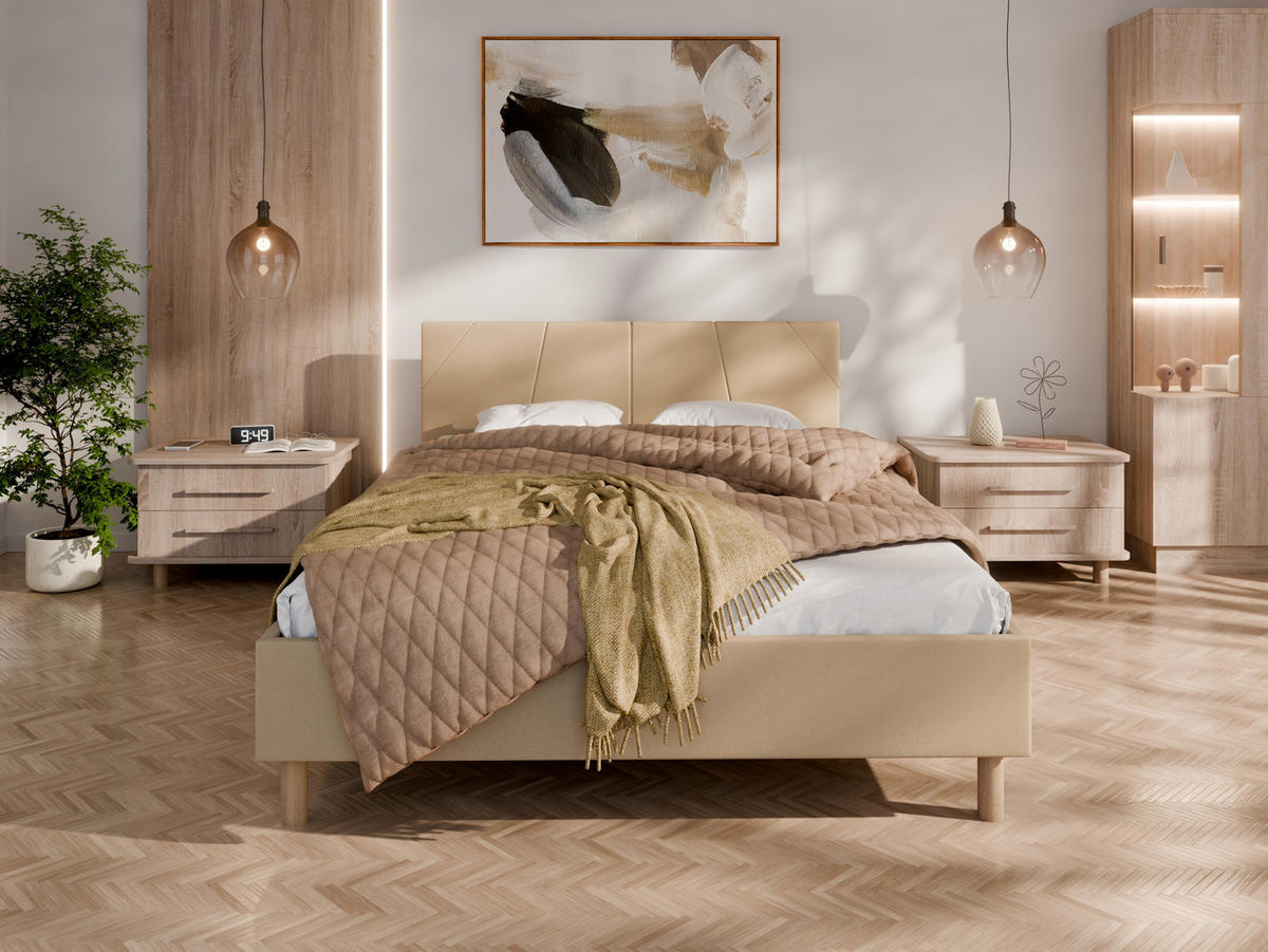 POLSTERBETT ALMORE 140x200cm Elegantes Polsterbett für modernen Wohnstil , 7-Zonen-Taschenfederkernmatratze mit kokos ARLAN (21 cm), Creme - Creme, Holz (140/200cm) - Panda Möbel