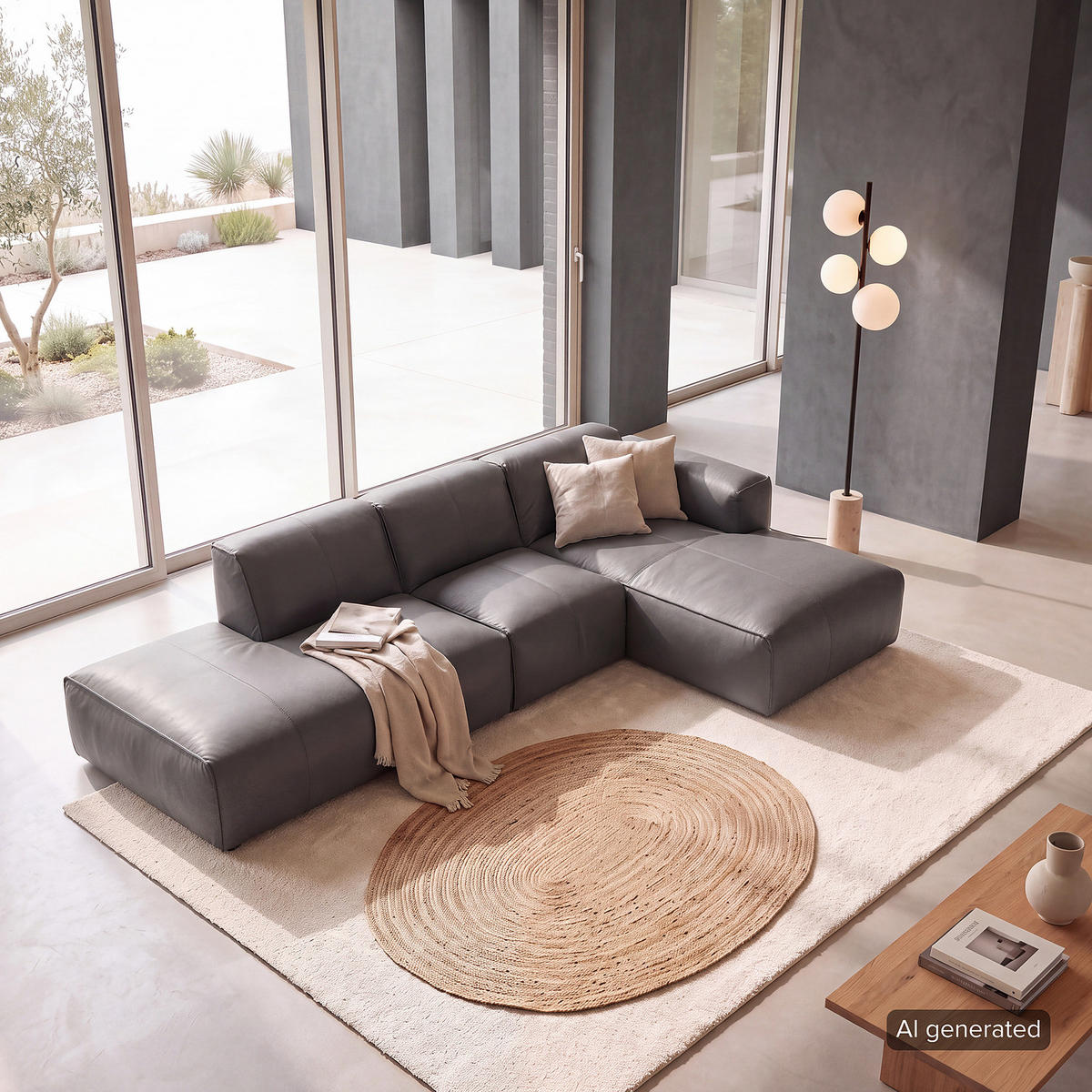ECKSOFA mit Chaiselongue - Schwarz/Grau, Leder/Kunststoff (290/173cm) - home24