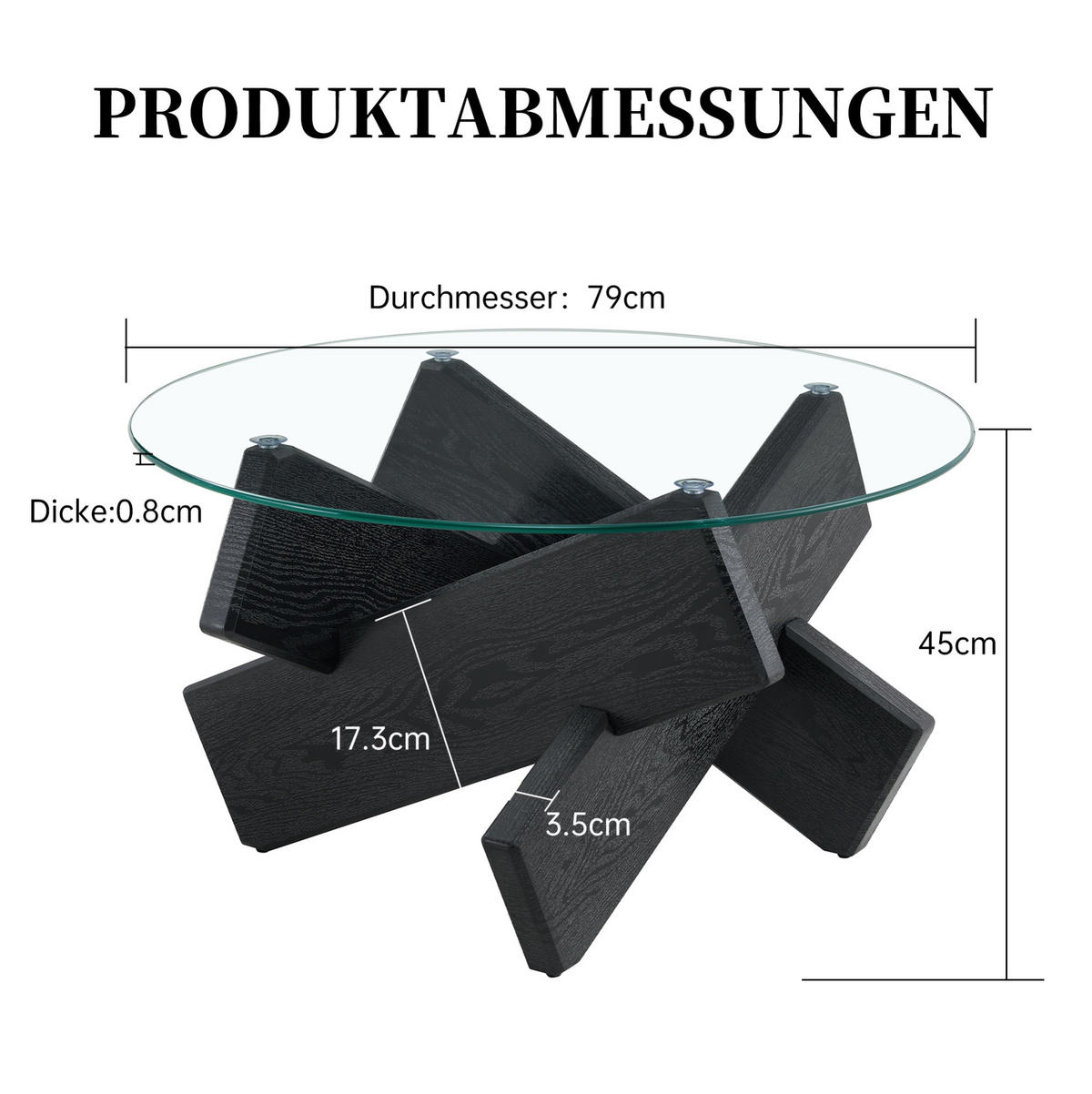 COUCHTISCH aus MDF und Glas Ø79x45 cm in Schwarz mit Kreuzgestell - Schwarz, Glas (79/79/45cm) - Modfu