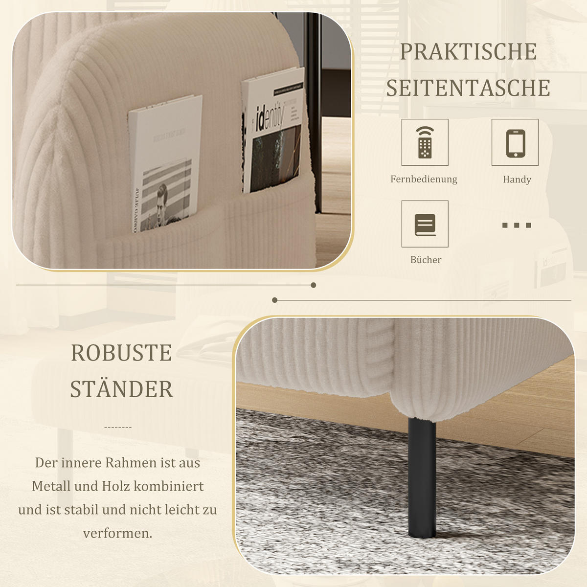 SESSEL Cord Beige mit Seitentasche - Beige, Textil/Metall (67/79/75cm) - WISHDOR