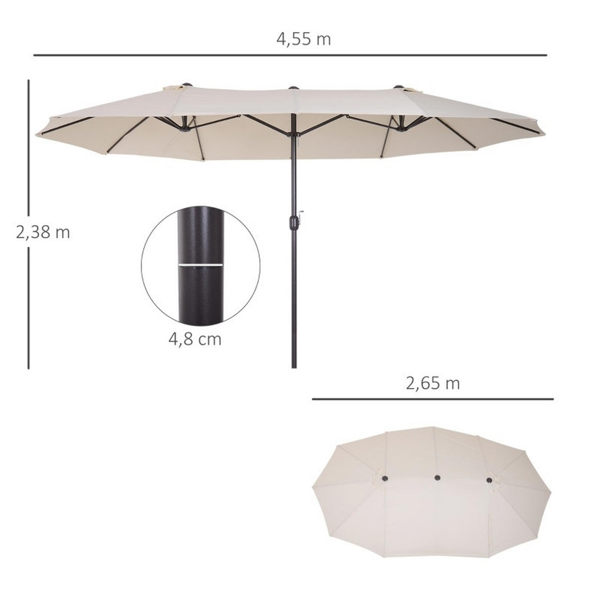 SONNENSCHIRM aus Polyester & Metall 455x265x238 cm Beige mit Handkurbel - Beige, Metall (265/455cm) - Modfu
