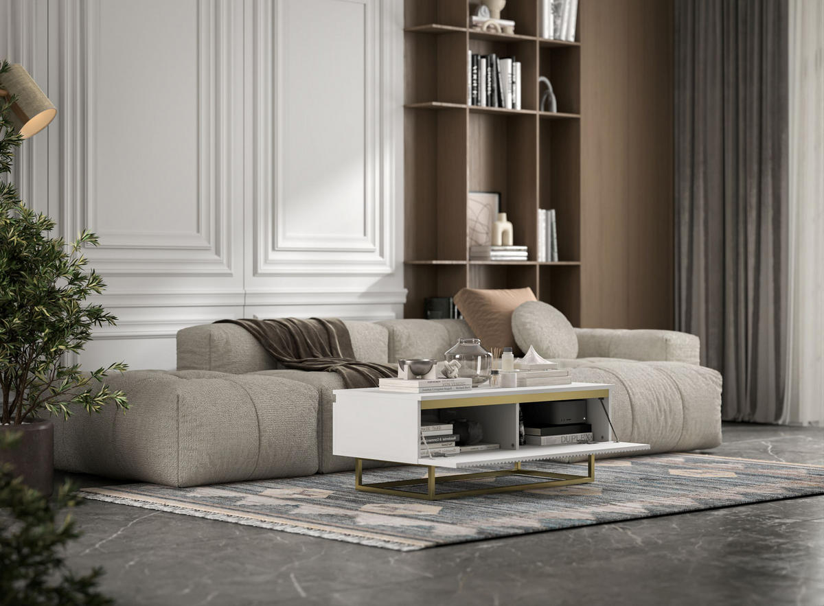 COUCHTISCH Selene Weiß matt 109 cm mit Metallrahmen - Goldfarben/Weiß, Holzwerkstoff/Metall (50/109/39cm) - Meble Lindner