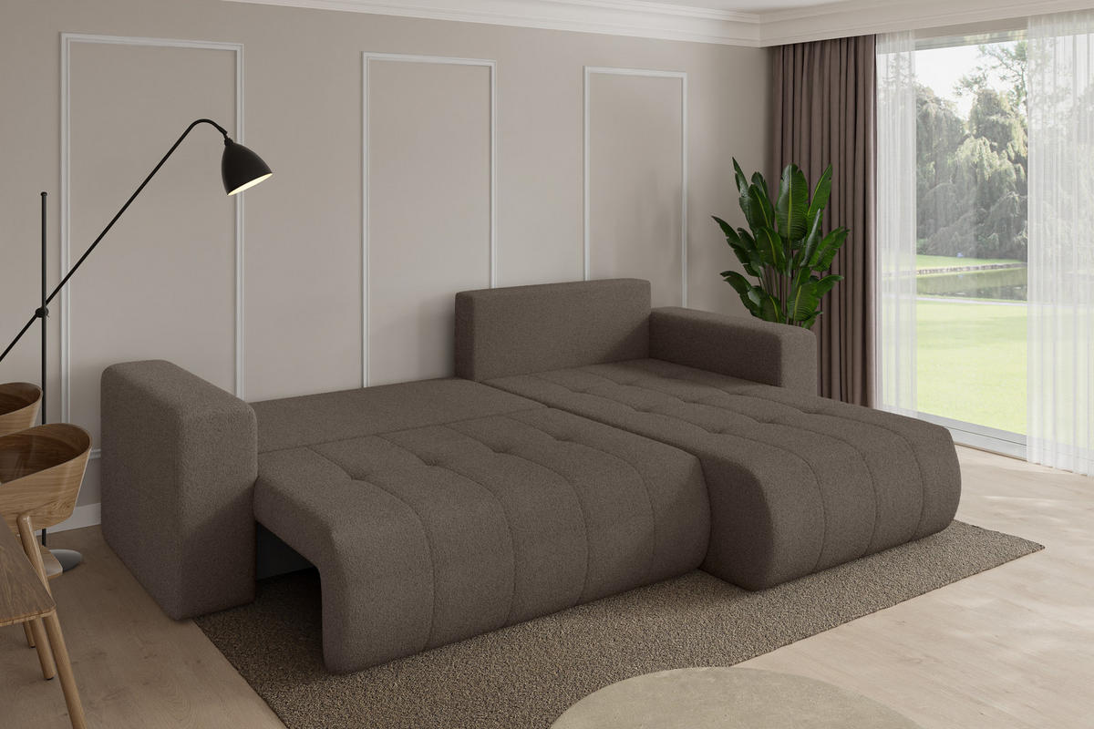 ROHOVÁ SEDAČKA s funkcí spaní, otoman vpravo MILA-L 277x194x86 hnědá bouclé - černá/hnědá, kompozitní dřevo/textil (277/194cm) - ALTDECOR