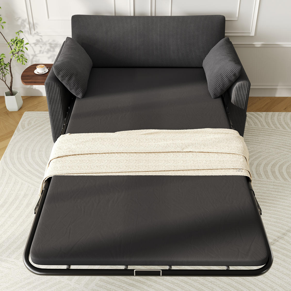 SCHLAFSOFA 134/82/84 cm Grau mit USB‑Ladeanschluss, klappbarem Seitentisch, Matratze, 2 Bettlaken und 2 Kissen - Grau, Textil (134/84/82cm) - Oxeza
