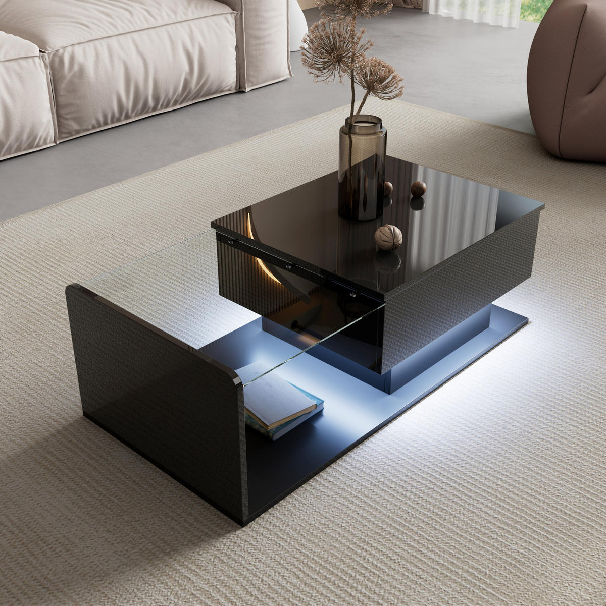 COUCHTISCH höhenverstellbar 100 x 50 cm Schwarz Hochglanz mit Glas und Stauraum - Schwarz, Holzwerkstoff (100/50/47.5cm) - Meubliv