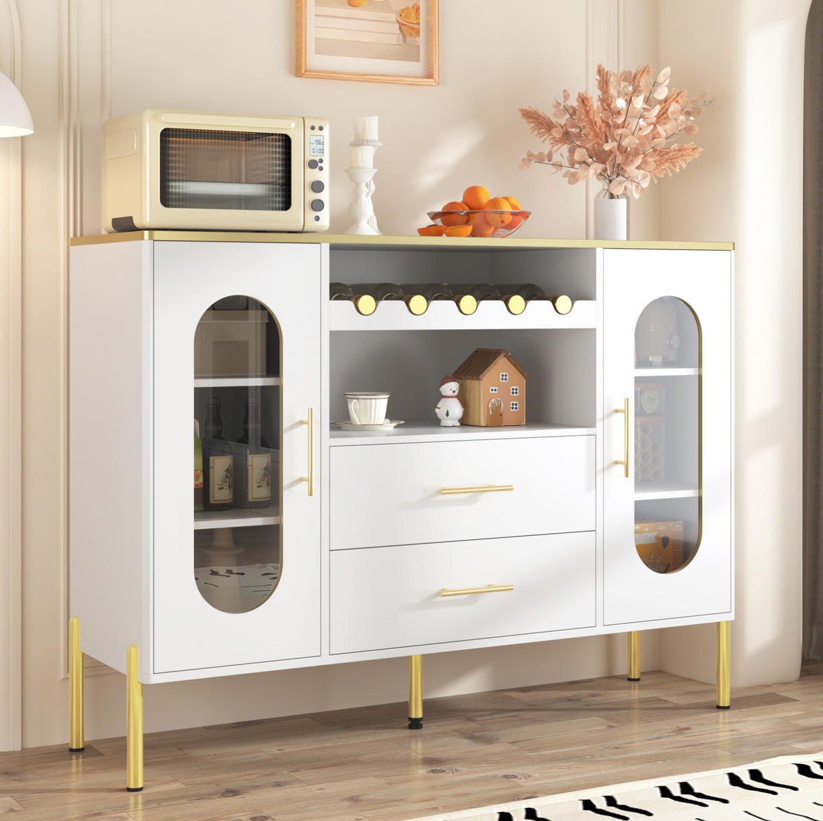 SIDEBOARD 120/38/90 cm Weiß aus MDF mit Glasfronten und Weinregal - Weiß, Holzwerkstoff (120/90/38cm) - OKWISH