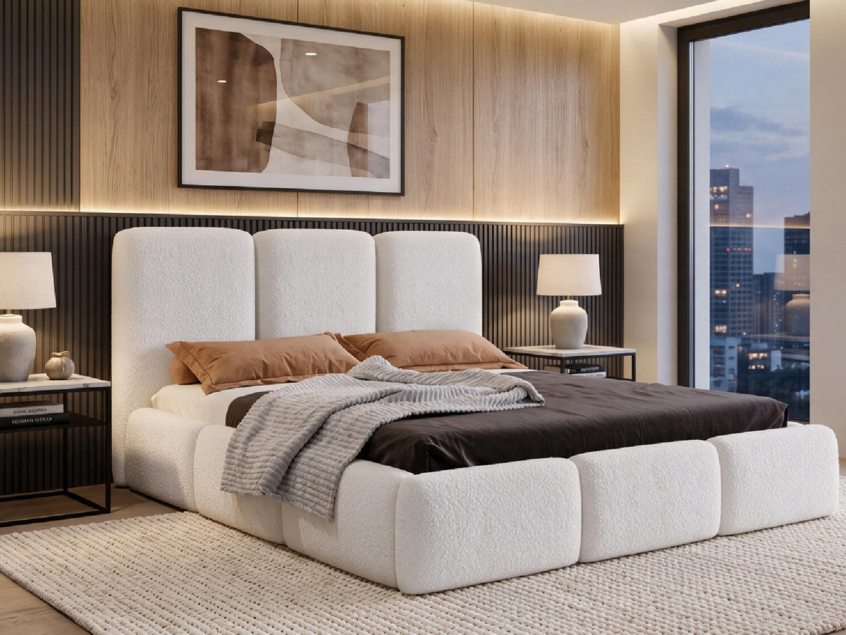 POLSTERBETT VARDO 180x200 cm mit Bettkasten, Stauraum und Metall-Lattenrost – Bouclé Stoff Wieß - Schwarz/Weiß, Textil/Metall (180/200cm) - Luxkor24