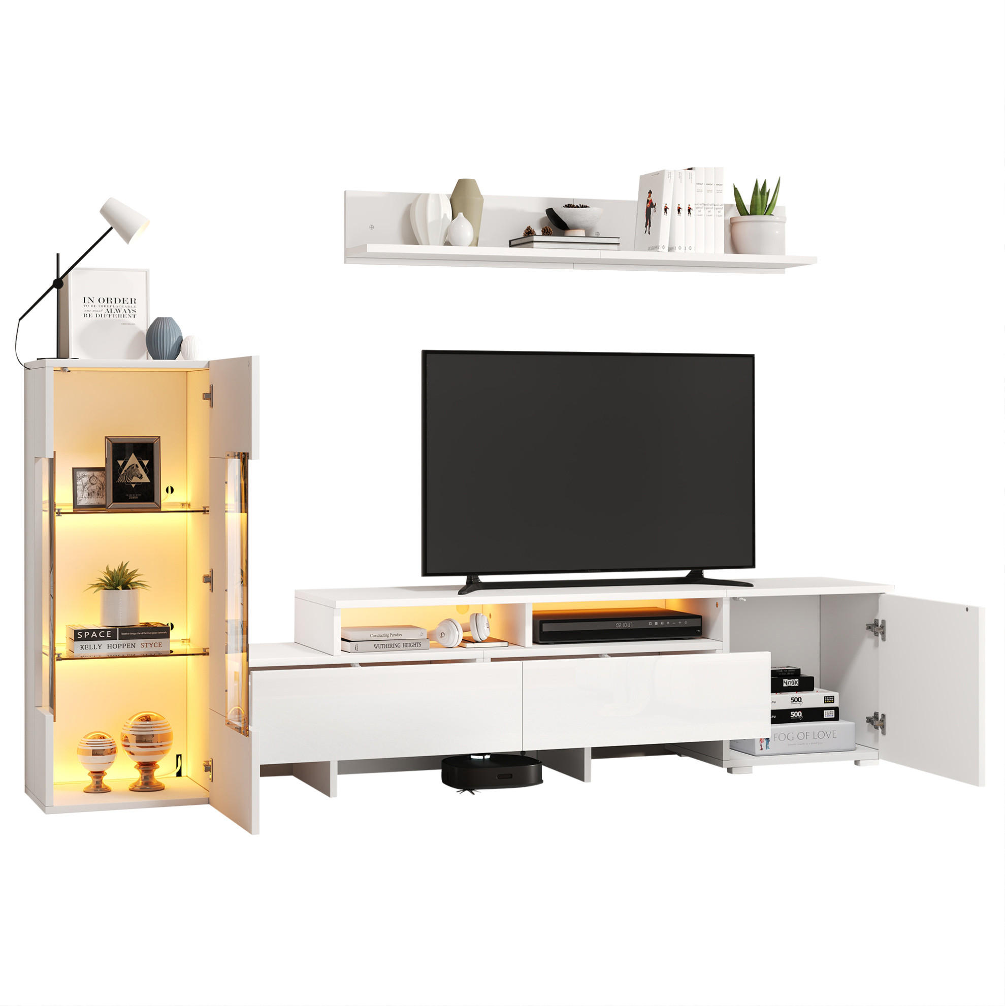 TV-WOHNWAND 3-teilig 170/35/45 cm aus Spanplatte mit LED-Beleuchtung und Hochglanzfront Weiß - Weiß, Holzwerkstoff (170/45/35cm) - Modenvie