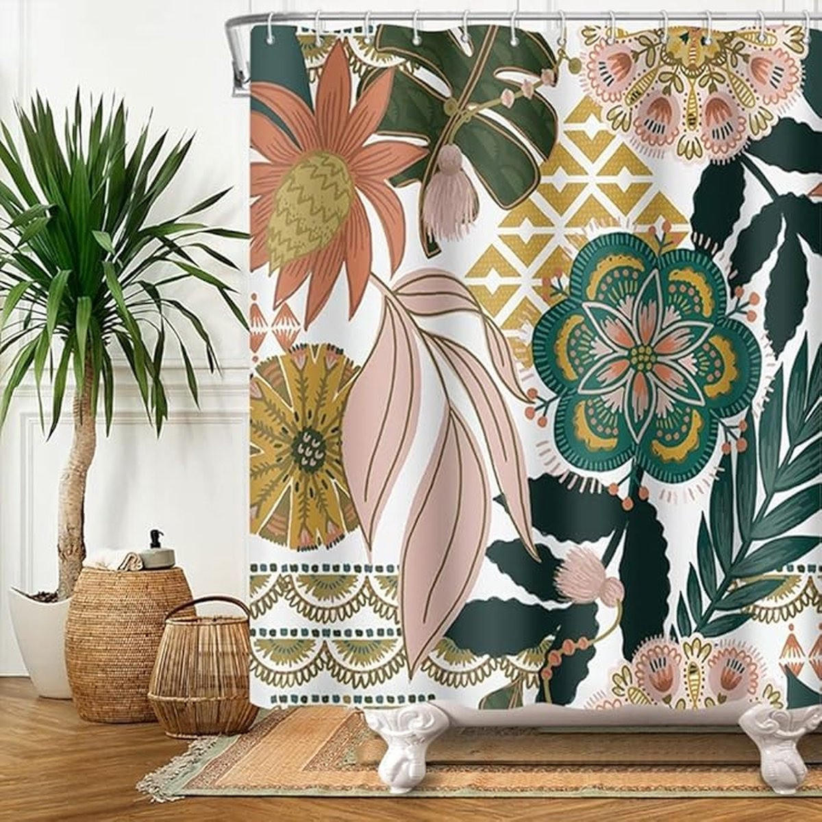 DUSCHVORHANG Bunt Bohemian Blumen Blätter Polyester 180 x 180 cm Haken - Multicolor, Textil (180/180cm) - MCBOSON