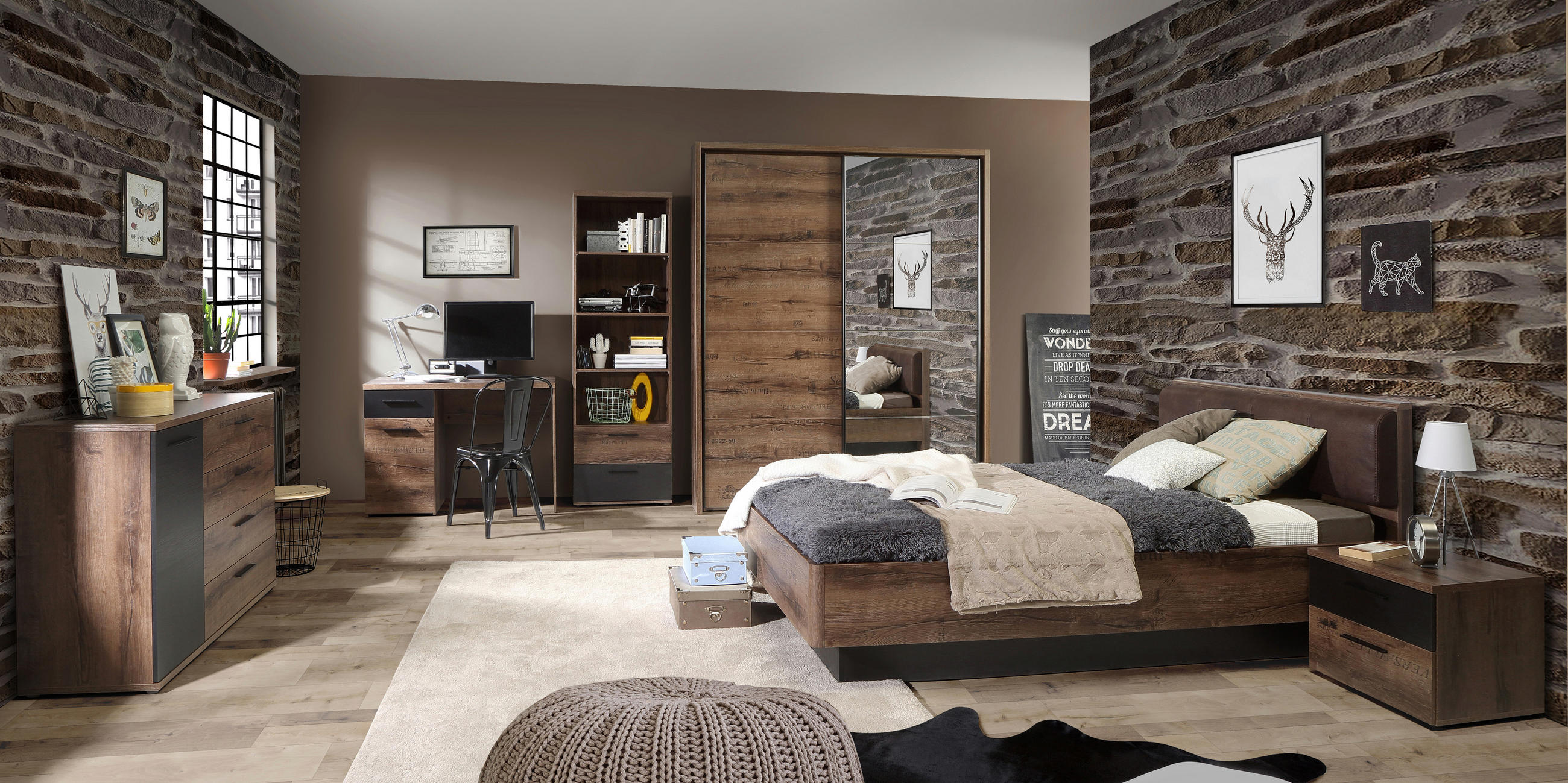 JUGENDZIMMER Jacky in Schlammeiche mit Schwarzeiche 7 teilig - Braun, Holzwerkstoff (120/200/80cm)