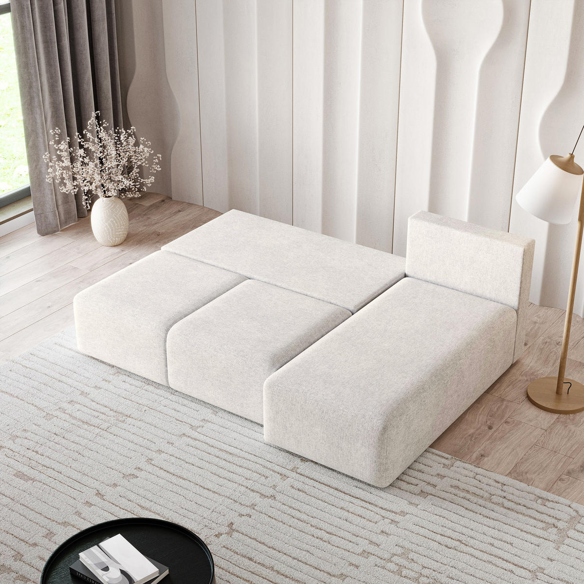 ECKSOFA TRAMA Creme Geflochtener Stoff mit Schlaffunktion - Creme, Holz (200/143cm) - MASSENO
