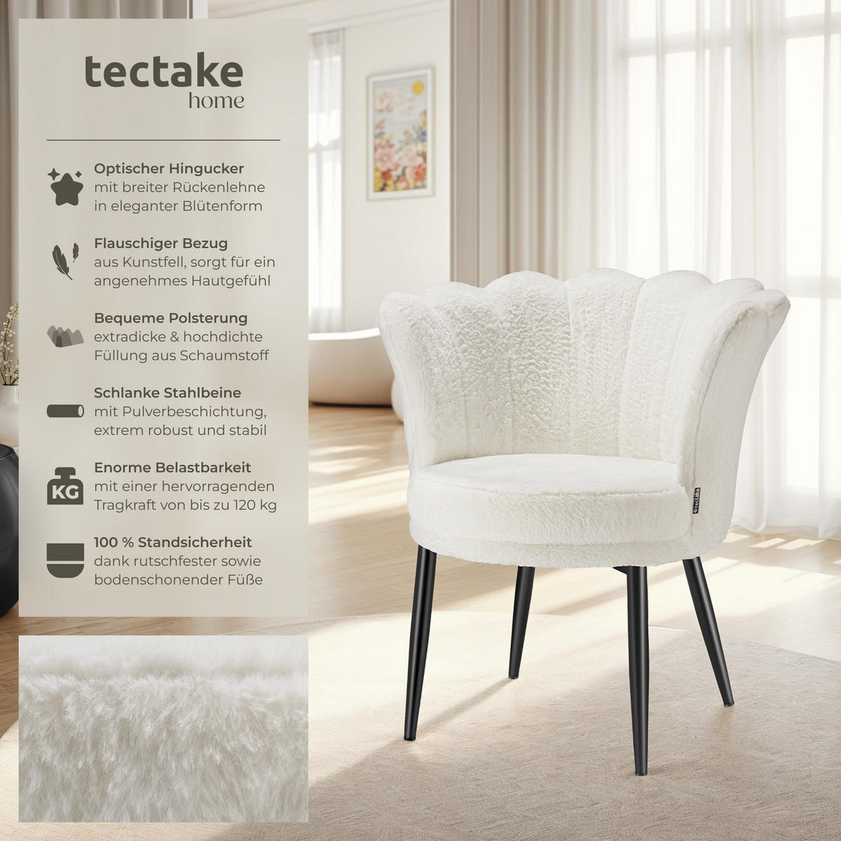 SESSEL Stella,67 x 64 x 76 cm,Kunstfell creme/schwarz - Creme/Schwarz, Textil (67/76/64cm) - tectake