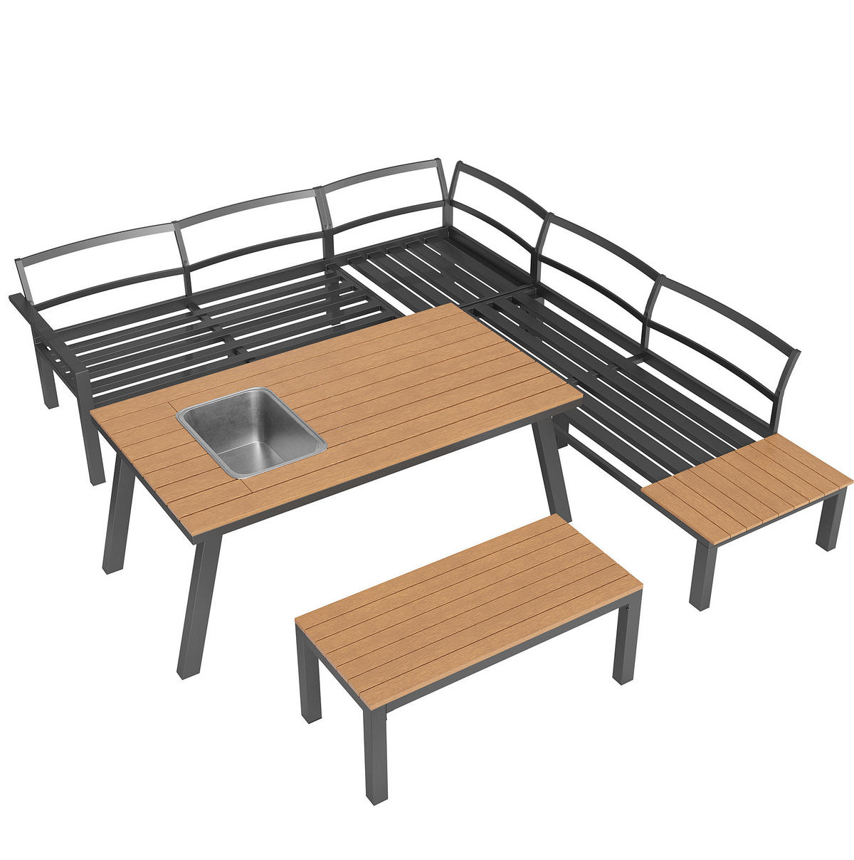 GARTEN-LOUNGE-SET, Metallgestell mit Polstern & Tisch mit Eiskübel, 147/60/65 cm, Grau - Grau, Metall - Redom
