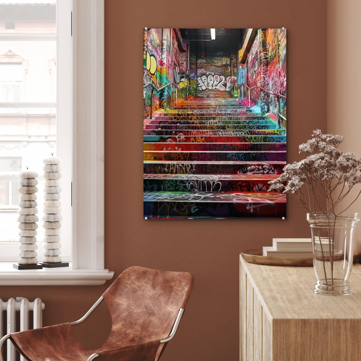 ACRYLGLASBILD Treppe - Graffiti - Farben - Kunst 60x80 cm - Multicolor, Glas (60/80cm) - MuchoWow