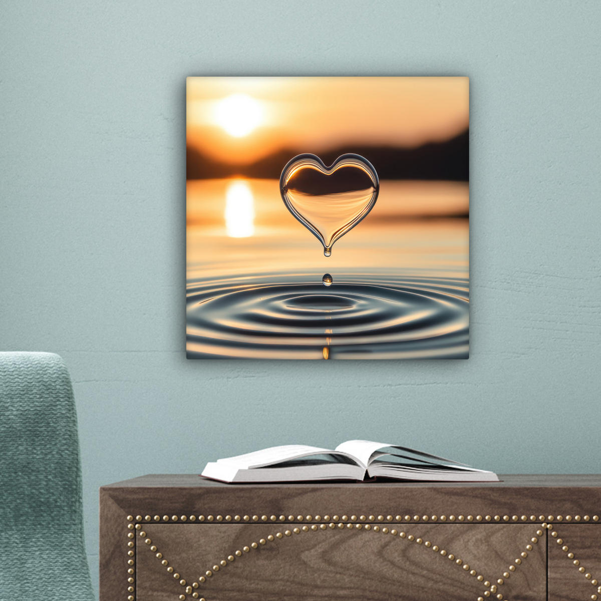 LEINWANDBILD - Herz - Wasser - Sonnenuntergang - Natur - Zen - 20x20 - Wandbilder - Bernsteinfarben, Textil (20/20cm) - MuchoWow