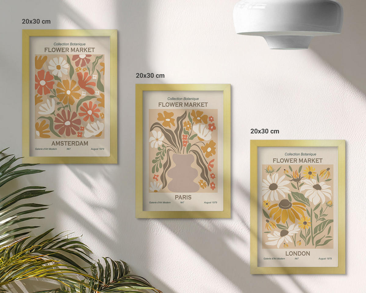 WANDBILDER 3er Set - 20x30 cm Goldrahmen - Blumenmuster Amsterdam Paris London - Goldfarben, Kunststoff (20/30cm) - ArtPrintCave