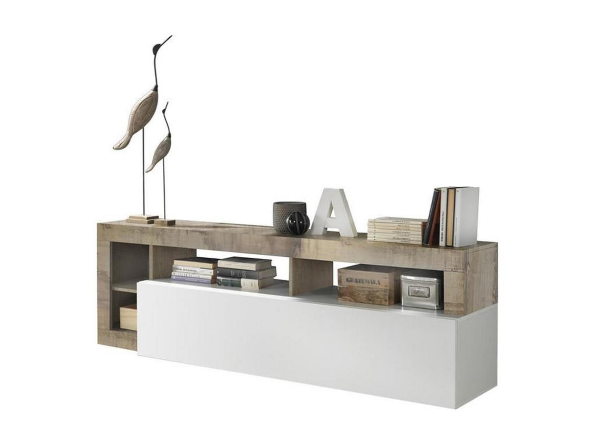TV-MÖBEL mit 1 Tür & 4 Ablagen - Weiß lackiert & Eichefarben - SEFRO - Naturfarben, Holz (42/58/184cm) - Vente-Unique
