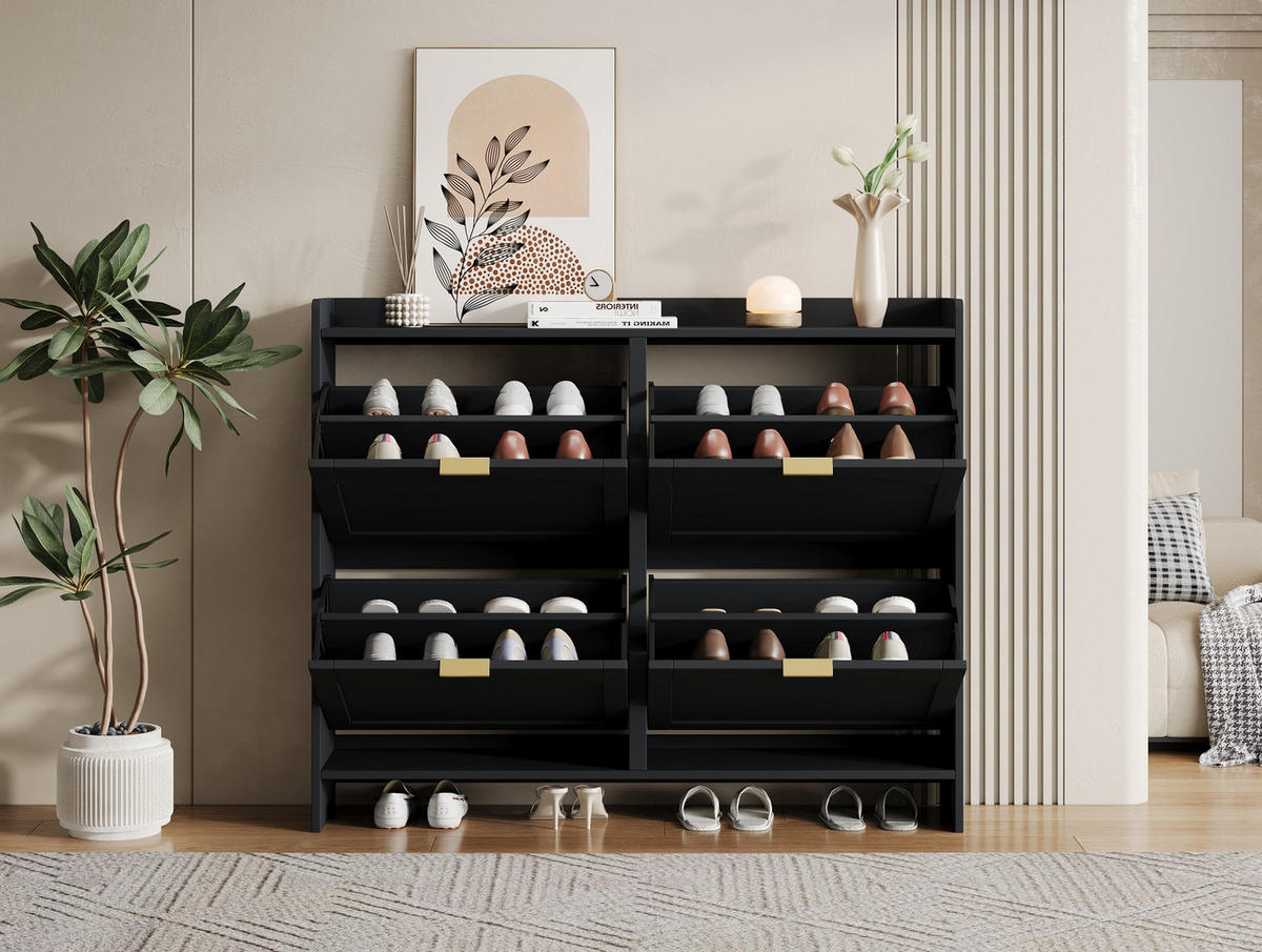 SCHUHSCHRANK 110/24/90 cm in Schwarz mit 4 Klappenfächern und offenen Ablagen - Schwarz, Holzwerkstoff (110/90/24cm) - Flora Grace