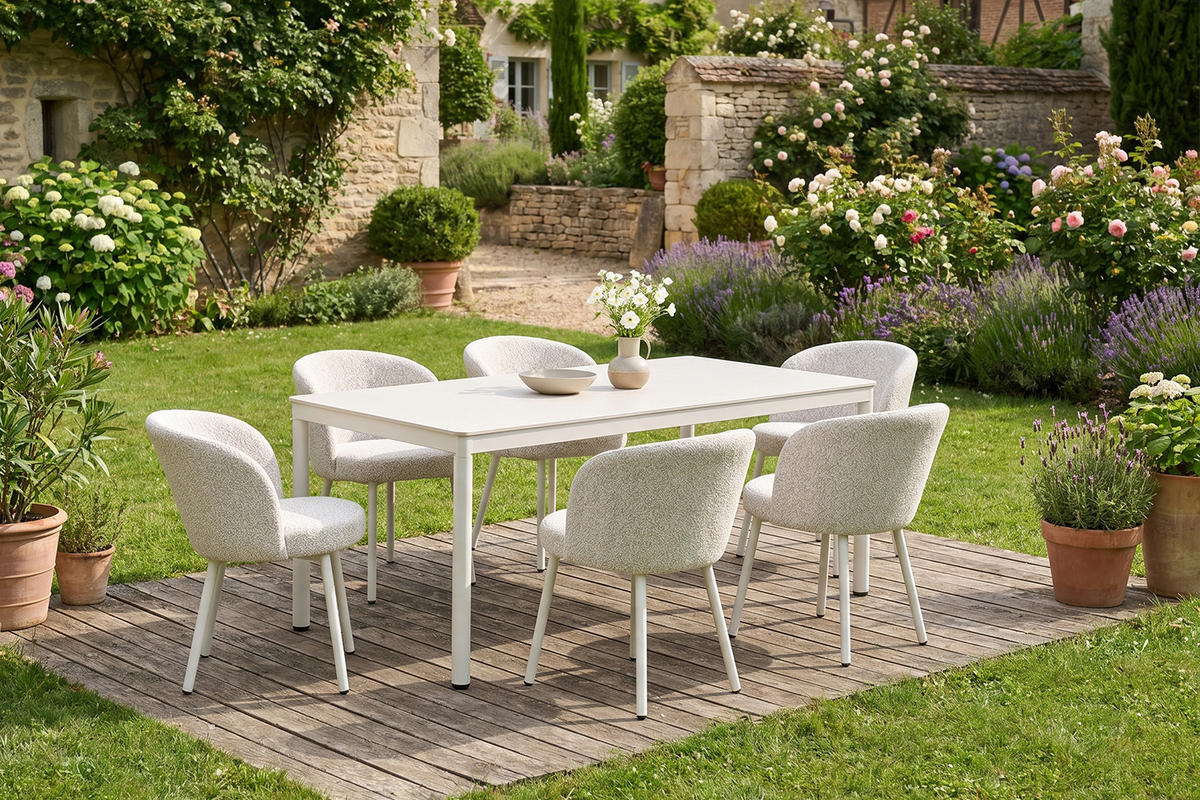 GARTEN-ESSGRUPPE INDUS 7ER SET Cremeweiß Keramik, Flachgewebe - Creme, Keramik - KAWOLA