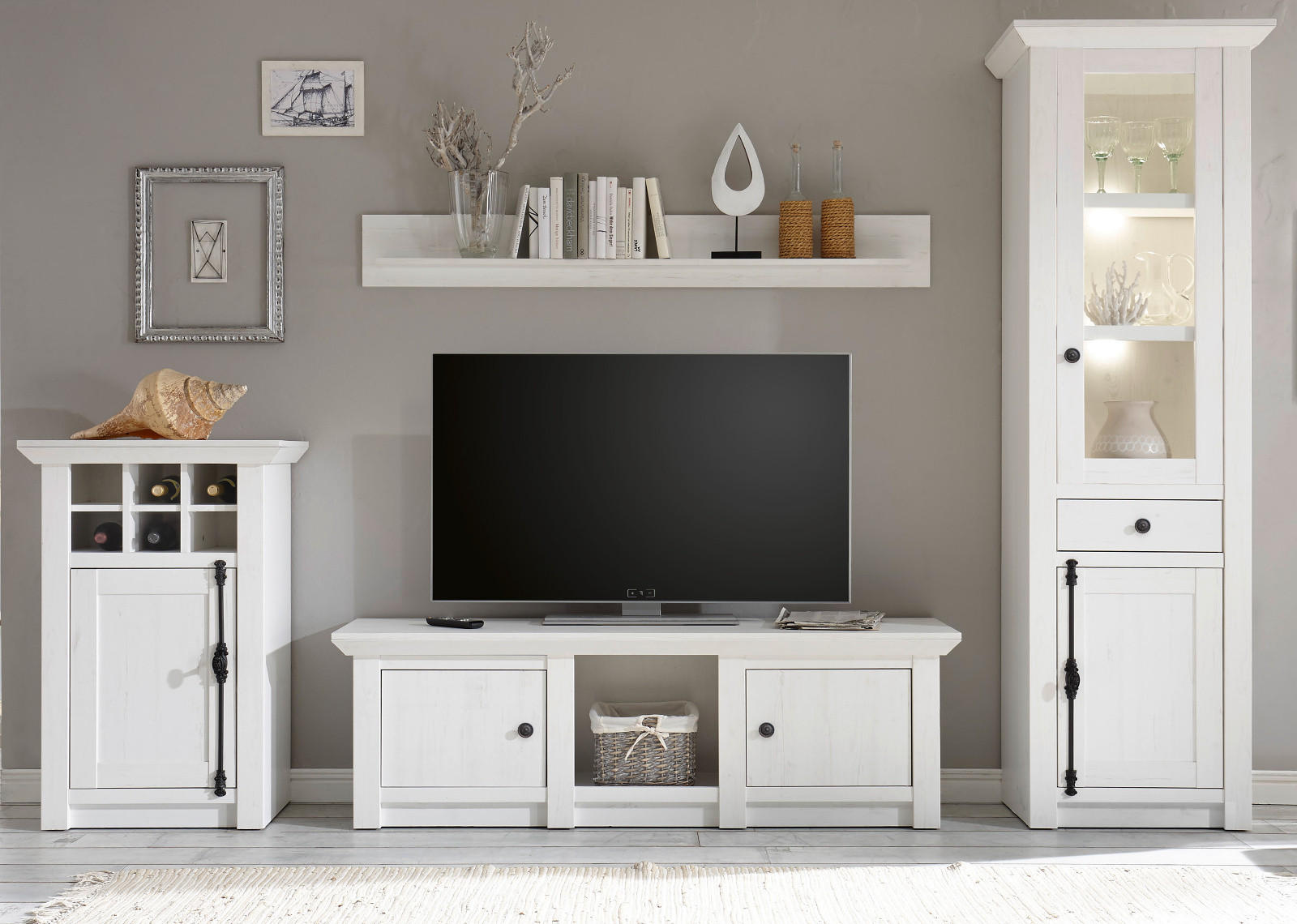 WOHNWAND weiß Pinie Landhaus, Schrankwand 4-teilig 298 x 207 cm - Anthrazit/Weiß, Holzwerkstoff/Metall (298/207/45cm) - Furn.Design