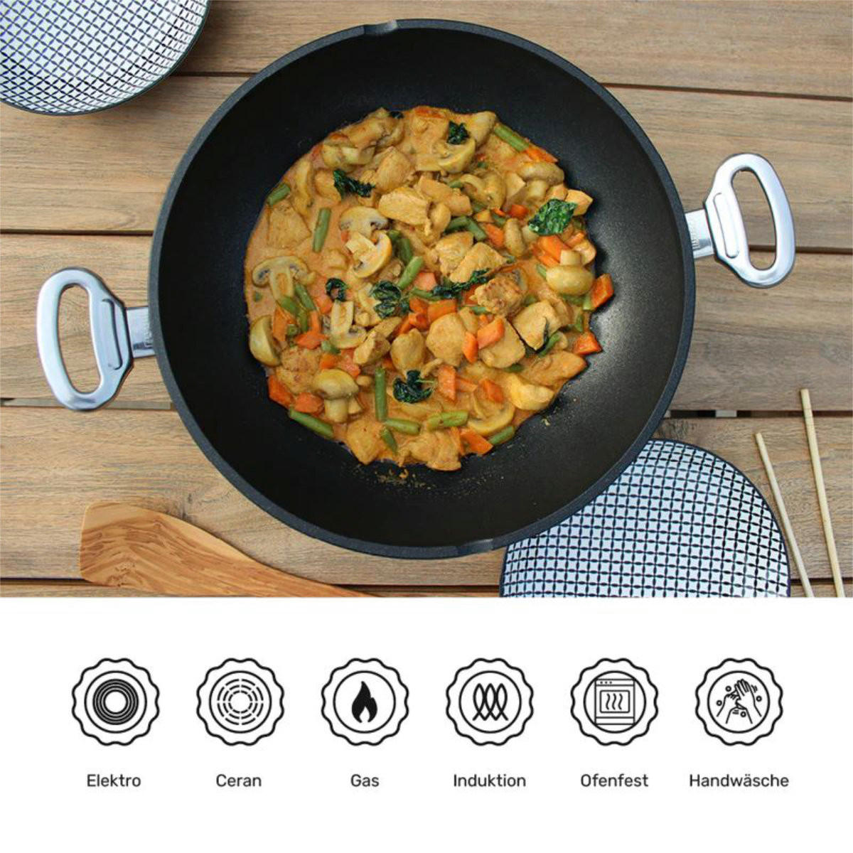 WOKPFANNE mit Deckel 30 cm GIGANT Newline für alle Herdarten - Schwarz, Metall (30cm) - BAF