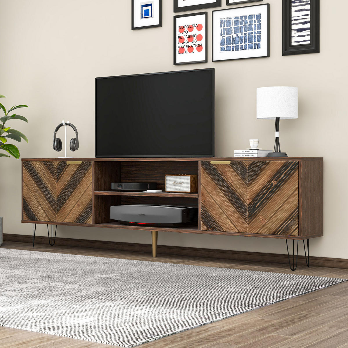 TV-LOWBOARD mit 2 Türen, Fächern, Holzfurnier, Goldgriffen und Eisenfüßen - Weiß, Holz (120/63/30cm) - PARAFTA HOME