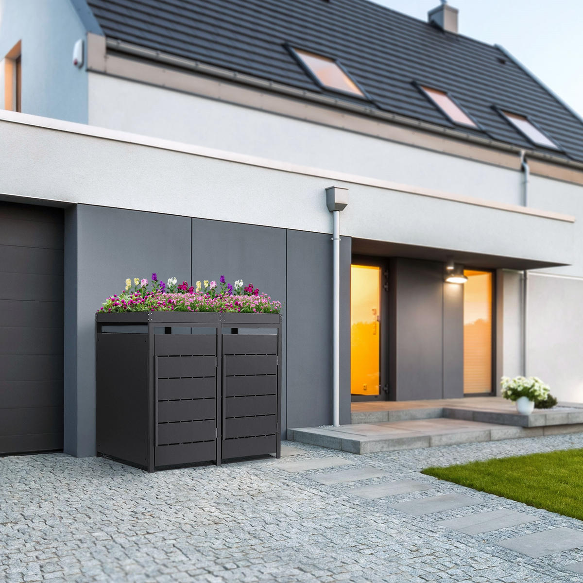 MÜLLTONNENBOX 2er mit Pflanzdach 240L 132x80x124 cm Anthrazit aus Stahl - Anthrazit, Metall (80/124/132cm) - ML-DESIGN