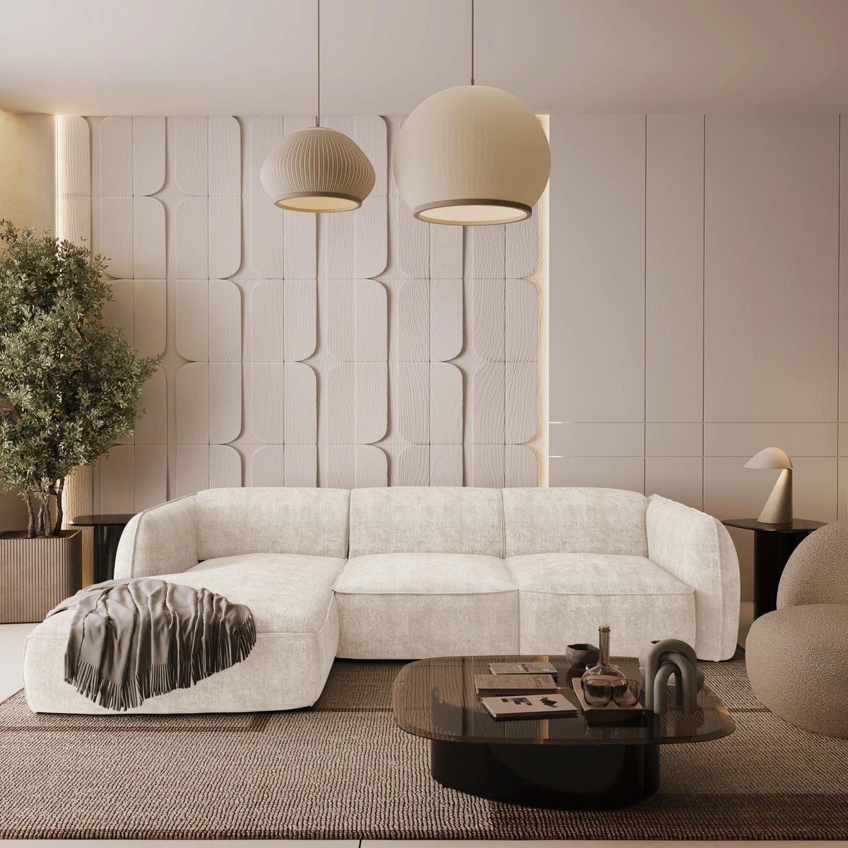 ECKSOFA LINKS Rastervelours Creme 272cm - Creme, Textil (165/272cm) - Sia Home