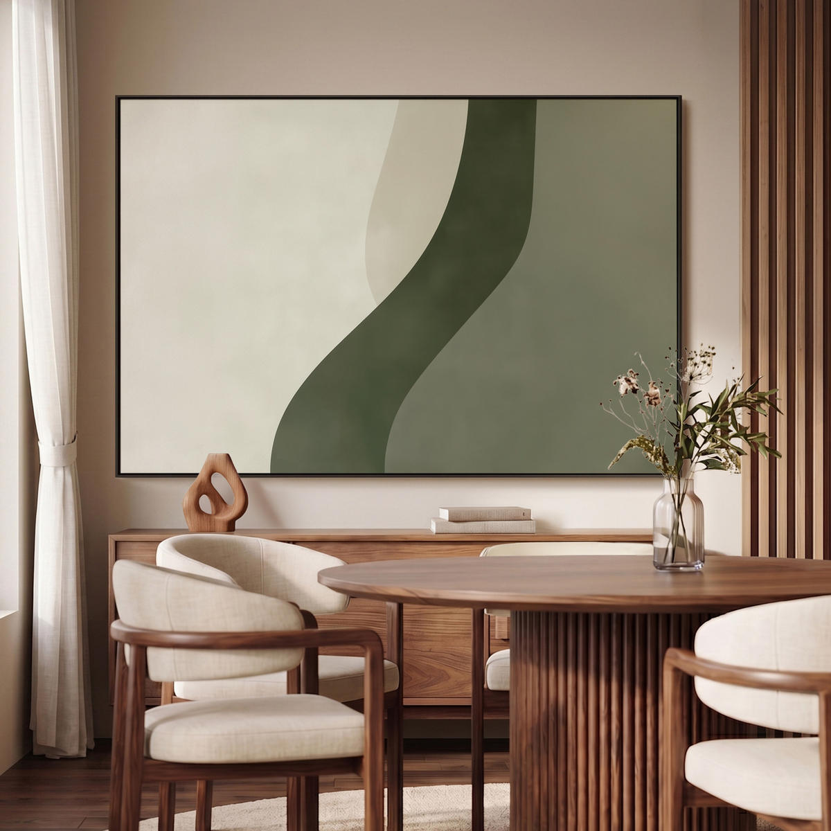 LEINWAND Bilder mit Rahmen - Japandi - Grün - Abstrakt - Modern - 140x90 - Salbeigrün, Textil (140/90cm) - MuchoWow