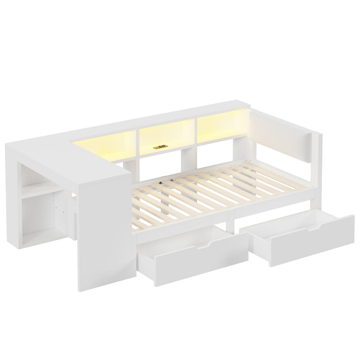BETT 90/200 cm in Weiß mit 2 Schubladen, LED und USB - Weiß, Holzwerkstoff/Textil (90/200cm) - WISHDOR