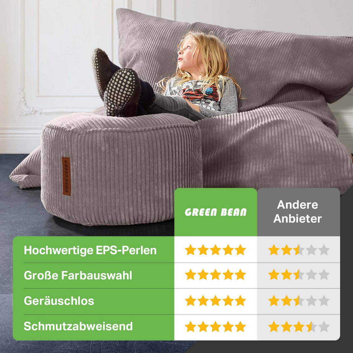 SITZSACK XXL "Square" + Pouf aus Cord - Grau, Textil (140/25/180cm) - Green Bean