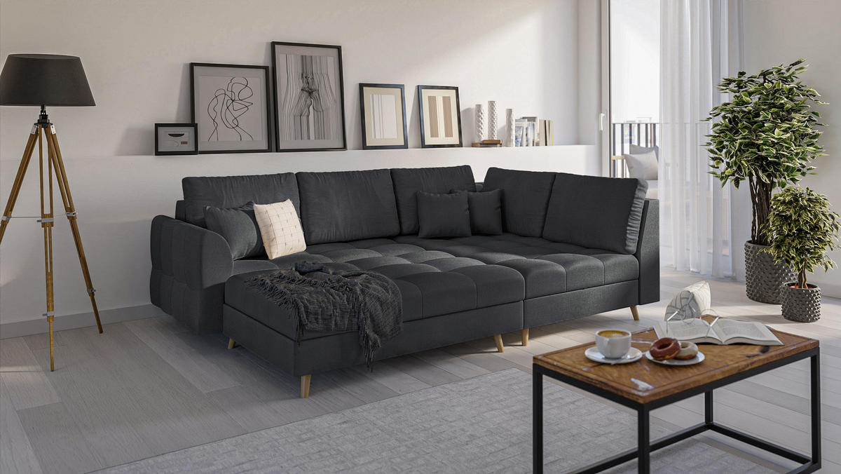 ECKSOFA MIT HOCKER Lorine Mikrofaser Anthrazit - Hellbraun/Anthrazit, Buchenholz/Textil (231/161cm) - S-Style Möbel