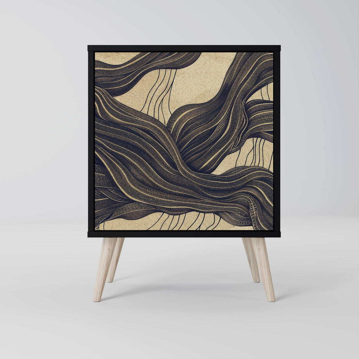 SIDEBOARD UNIFIED FRAGMENTS, Schwarz, 57,5x42x72,5 cm, Schwarze Metallfüße - Multicolor/Schwarz, Holzwerkstoff/Metall (57.5/72.5/42cm) - SpaceRebels