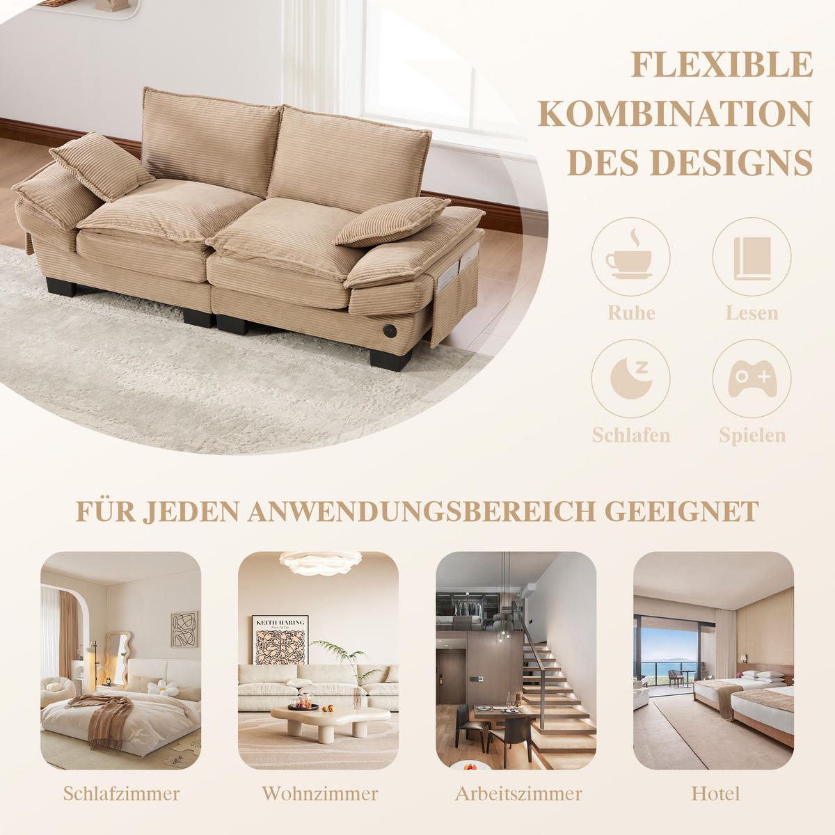 2-SITZER SOFA Cord Khaki mit USB-C und Seitentaschen - Hellbraun, Holzwerkstoff/Kunststoff (190/84/73cm) - WISHDOR
