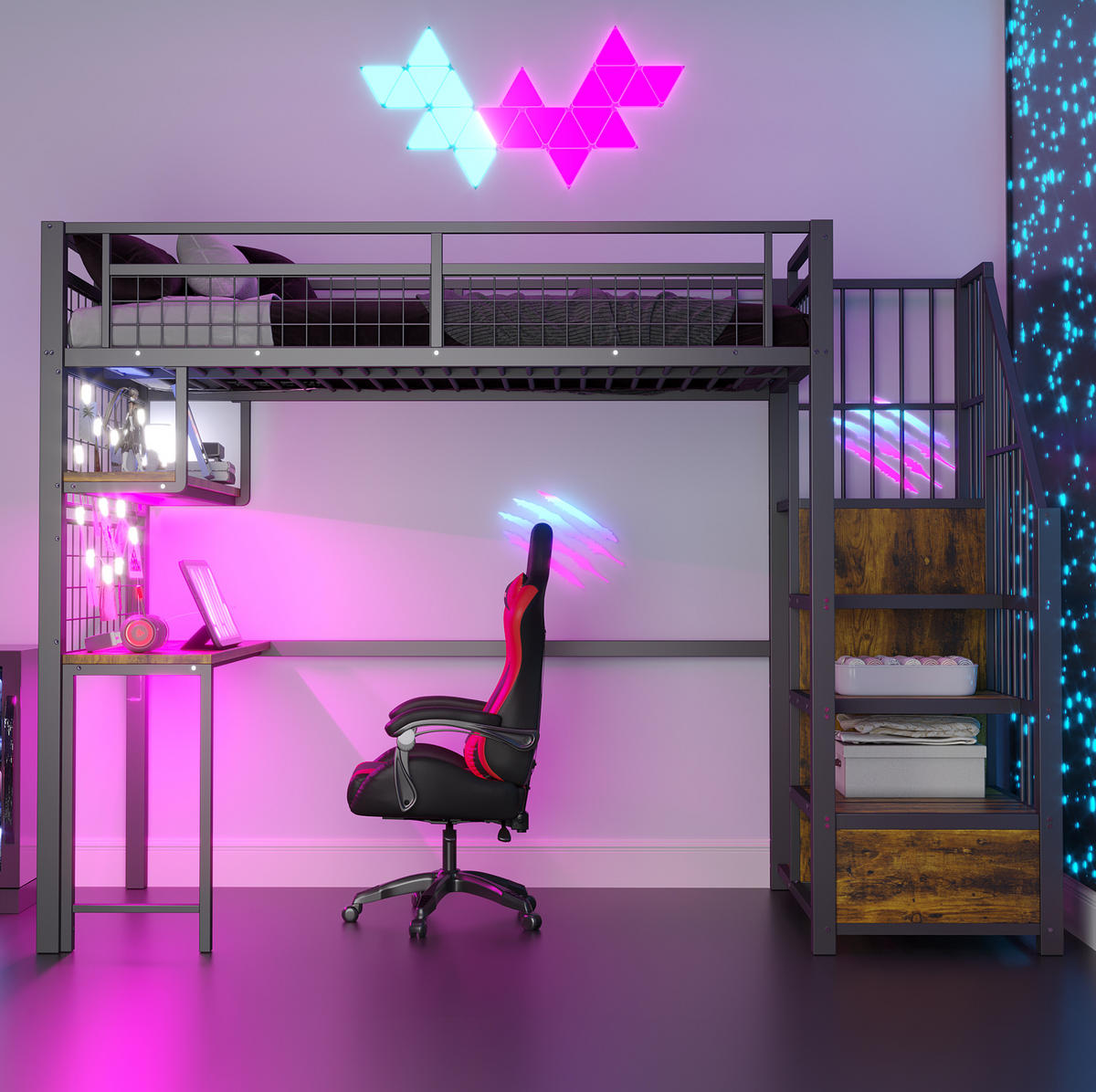 HOCHBETT 90/200 cm aus Metall und MDF mit Schreibtisch, LED-Lichtleiste und Stauraumtreppe Schwarz - Schwarz, Metall (90/200cm) - Modenvie