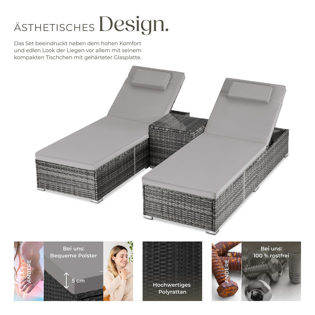 RATTAN-DOPPELLIEGE Carbonera, Belastbarkeit je 200 kg, grau - Grau, Kunststoff (62/36/196cm) - tectake