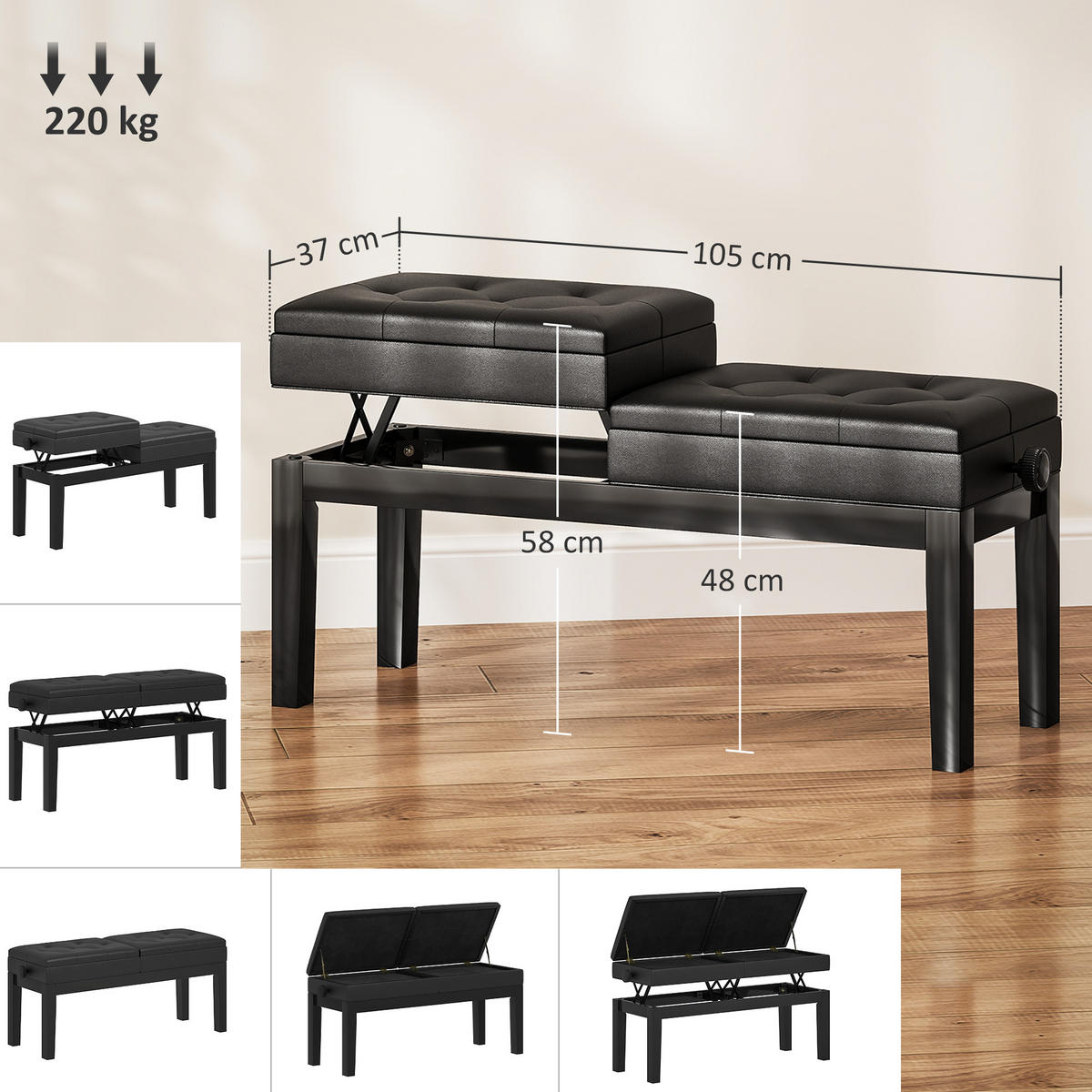 KLAVIERBANK DE-07143 verstellbarer Doppelsitz, Stauraum, bis 220 kg Schwarz - Schwarz, Holz (37/58/105cm) - ComfortXL