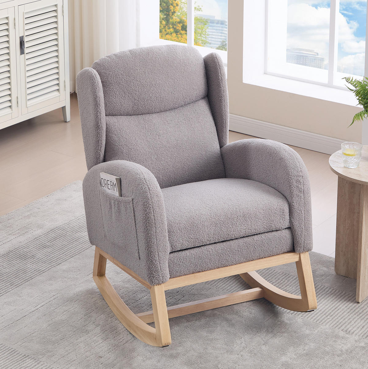 SCHAUKELSTUHL Teddy-Stoff mit Fußstütze und Seitentaschen 122.5/70/104 cm Grau - Grau, Textil (70/104/122.5cm) - Redom