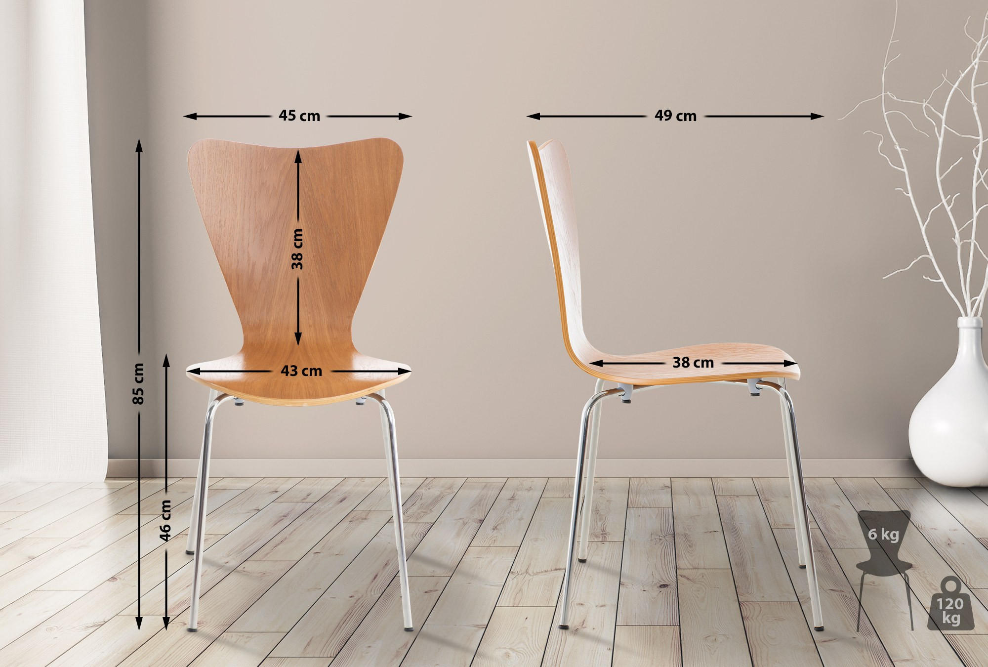 BESUCHERSTUHL Holz eiche - Eichefarben, Holz/Metall (45/85/49cm) - CLP