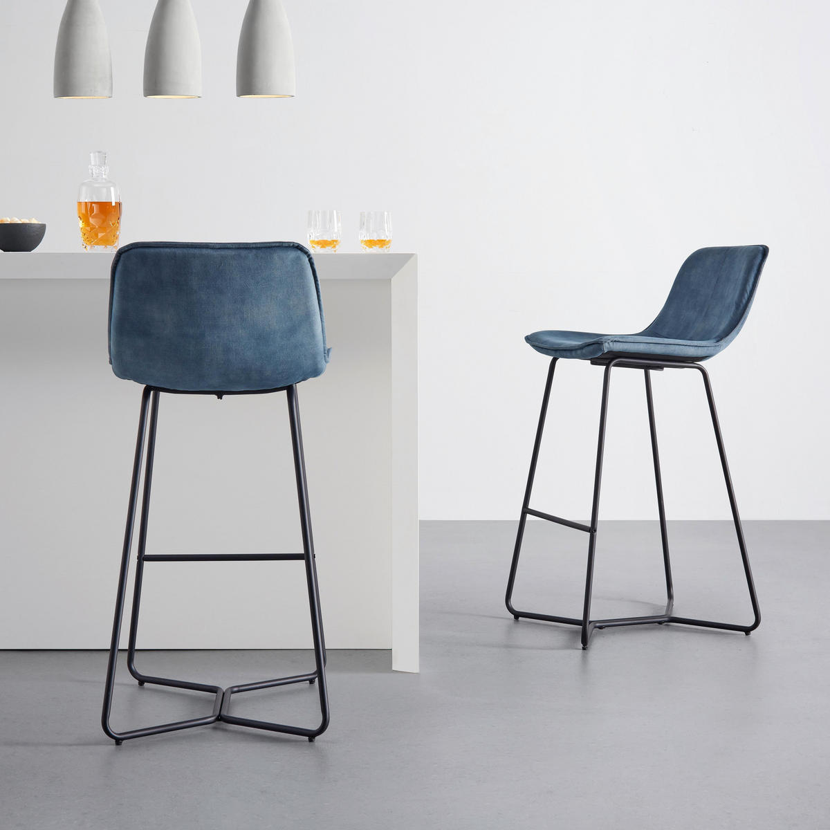 BARHOCKER Nery Blau Samt Gepolstert - Blau, Holz (48/103.2/57cm) - Bessagi Home