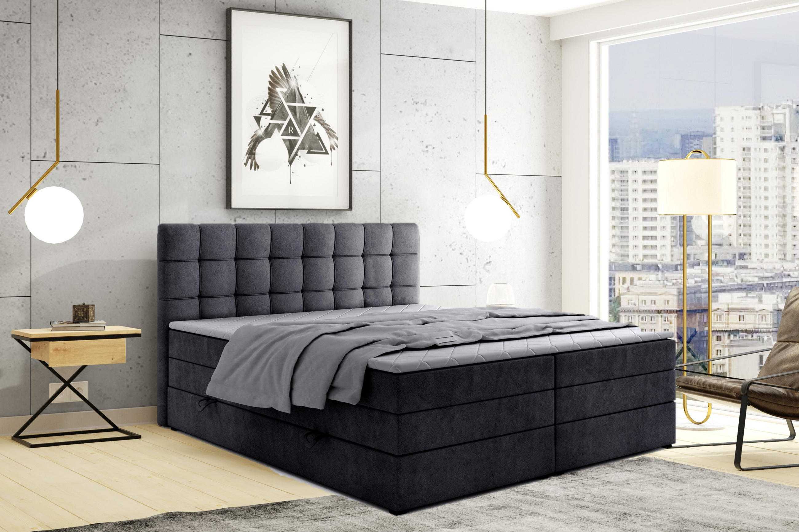 BOXSPRINGBETT Igella King Schwarz 200x200 cm mit Matrazen H3 & Topper - Schwarz, Holz (200/200cm) - Labett