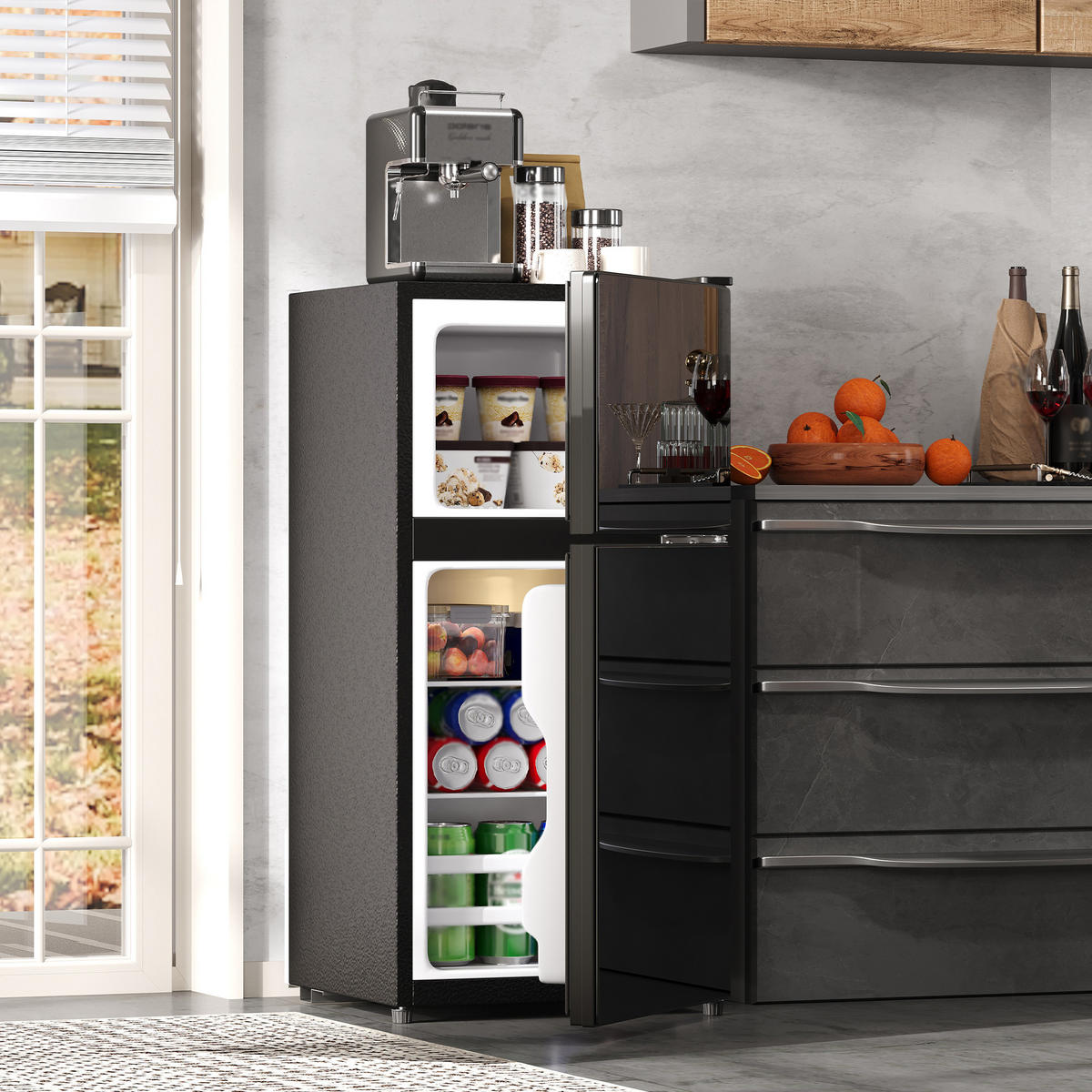 MINIKUHLSCHRANK 44.5/42.5/87.5 cm Schwarz 60L mit LED-Beleuchtung - Schwarz, Metall (44.5/87.5/42.5cm) - Oxeza
