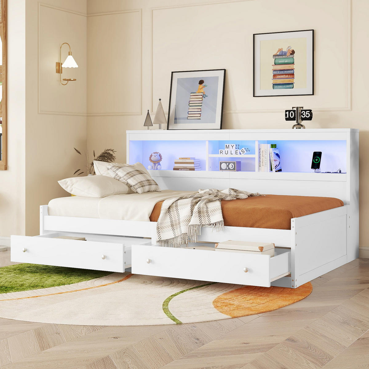 TAGEBETT 90x200cm Weiß Spanplatte Nachtkästchen 2 USB Ambiente-Licht - Weiß, Holz (90/200cm) - FLIEKS