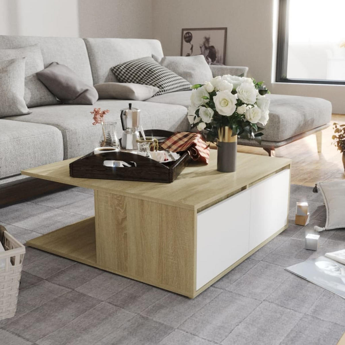 COUCHTISCH Weiß und Sonoma-Eiche 80x80x31 cm Holzwerkstoff - Weiß, Holzwerkstoff (80/80/31cm) - furnicato