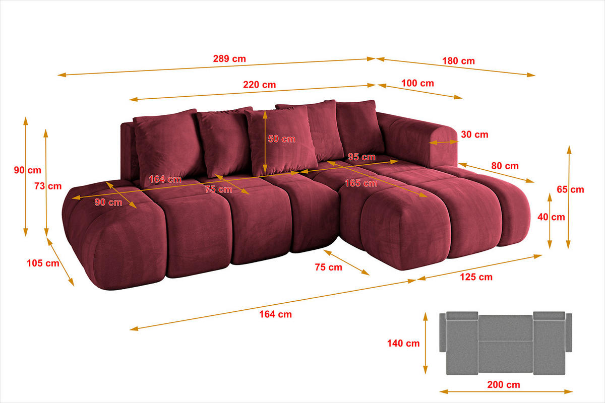 ECKSOFA Ottomane Rechts CLOUD-L-v1 289x180x40 Bordeaux Velours - Bordeaux, Holzwerkstoff/Kunststoff (289/180cm) - ALTDECOR