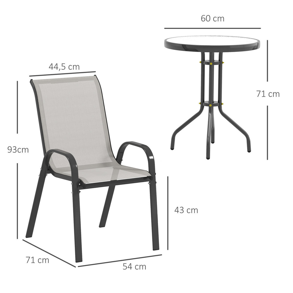 BALKONSET 3-teilig DE-14227 stapelbar, Glastisch Hellgrau - Hellgrau, Metall - ComfortXL