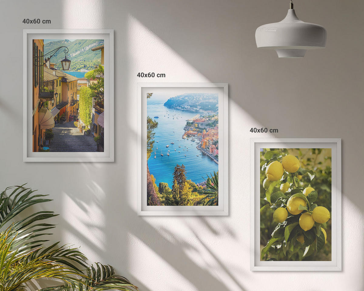 WANDBILDER 3er-Set - 40x60 cm Weißer Rahmen - Straßen am Meer, ein Meer aus Zitronen - Weiß, Kunststoff (40/60cm) - ArtPrintCave