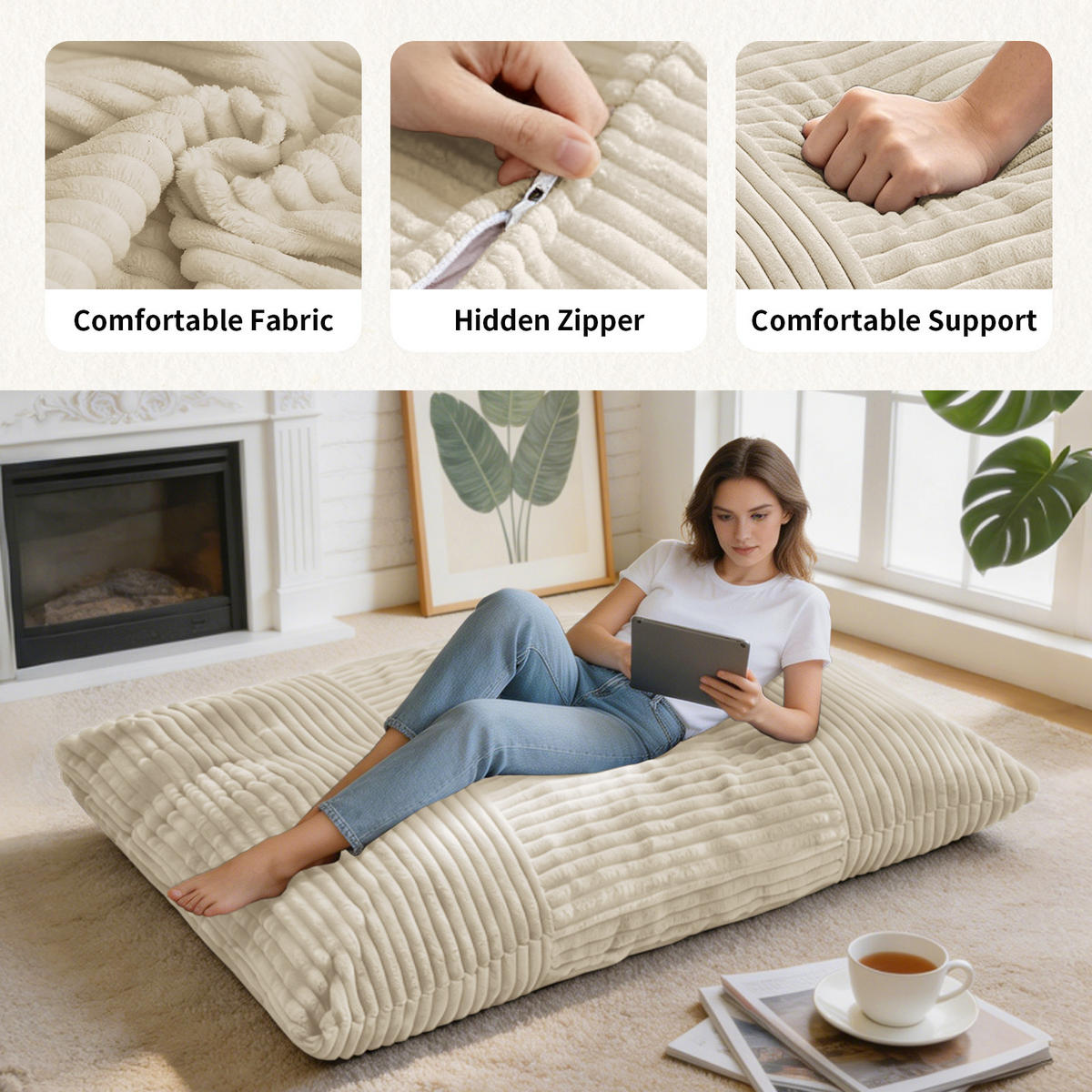 SITTSÄCK XXL 3-I-1 i Manchester som Fåtölj, Soffa och Säng - Vit, Textil (180/25/125cm) - Urban Meuble