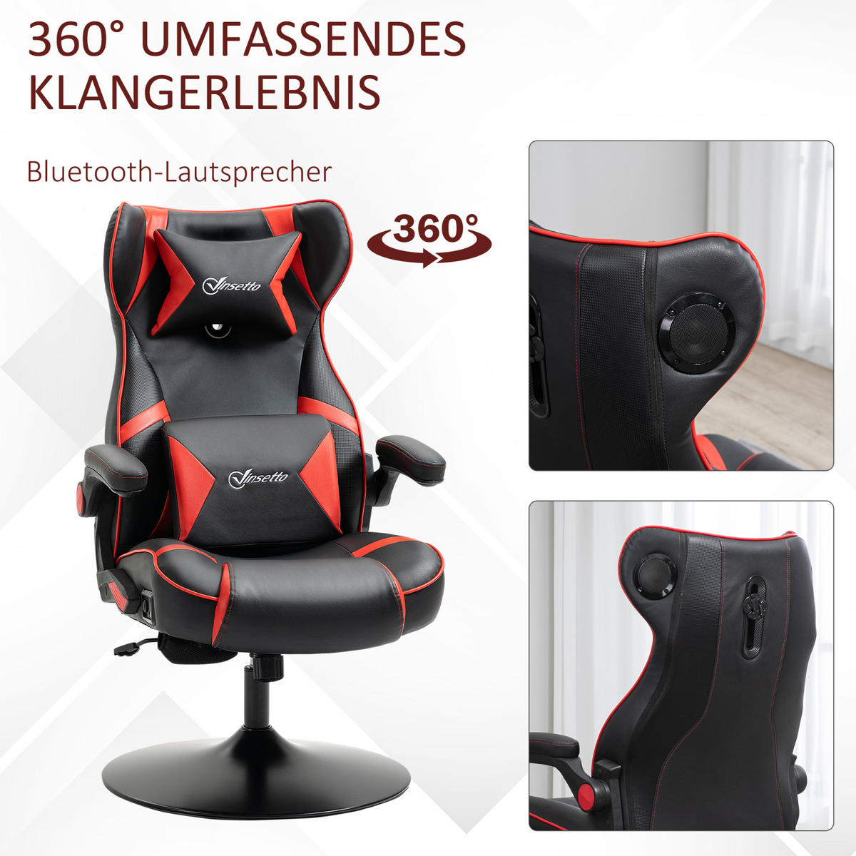 GAMING Stuhl mit runder Bodenplatte, drehbar & neigbar, ergonomischer Sessel, Schwarz-Rot - Rot, Leder (69/112/73cm) - BRILVERDE