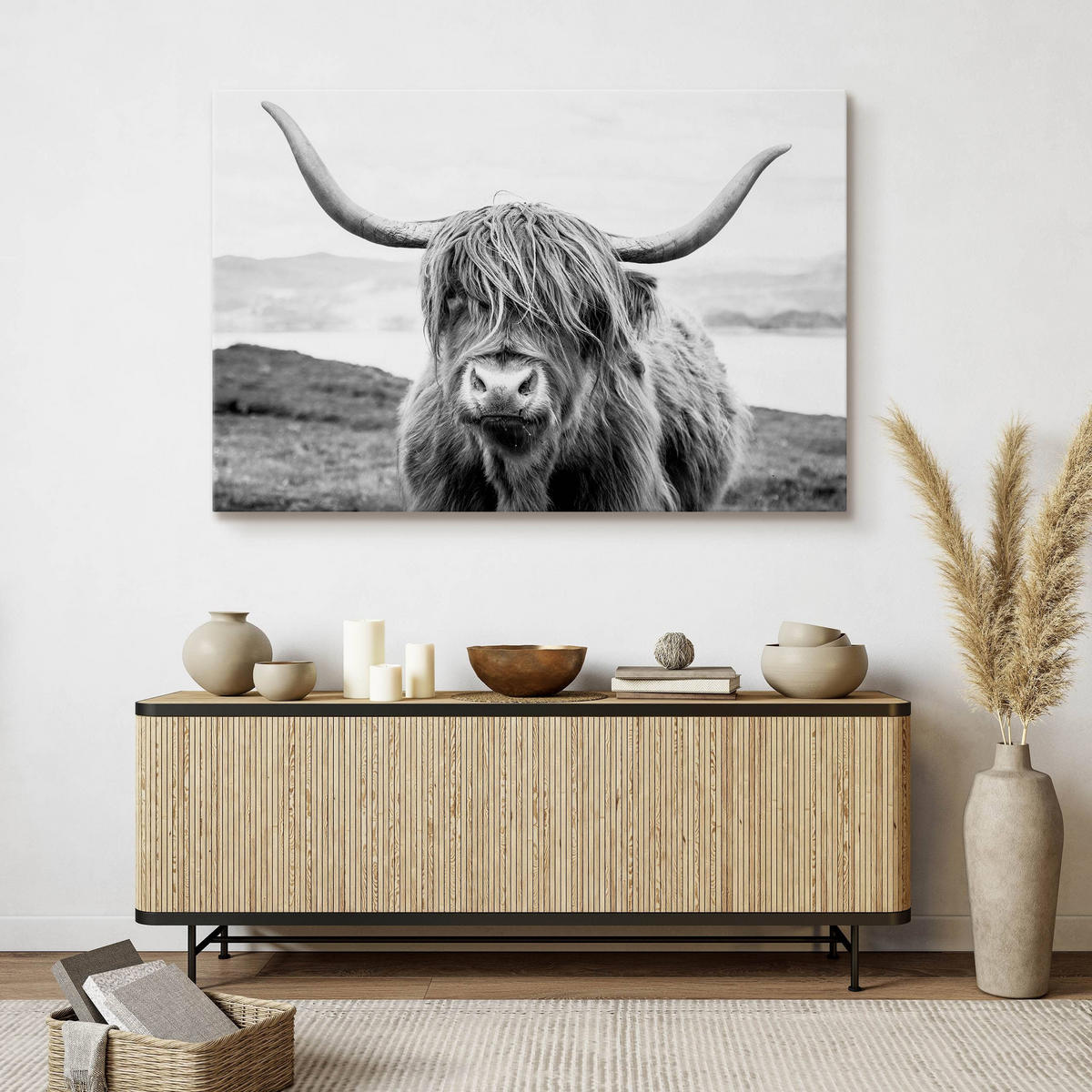 LEINWANDBILD Schottische Kuh Tier Natur Landschaft 3D 100/70 cm - Schwarz/Weiß, Textil (100/70cm) - Muralo